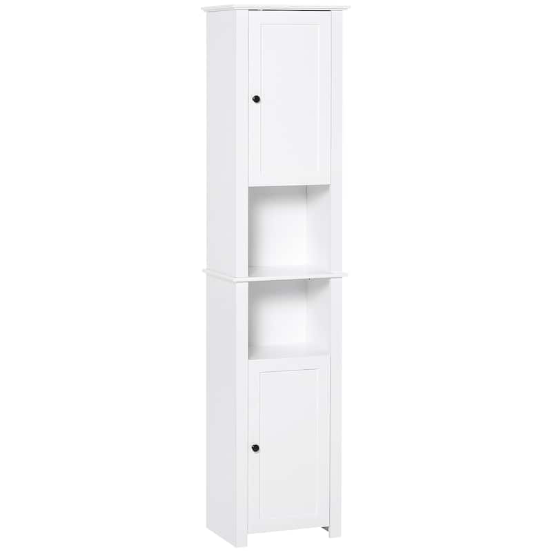 HOMCOM Tall Bathroom Storage Cabinet, Freestanding Linen Tower with 2-Tier Shelf and 2 Cupboards, White