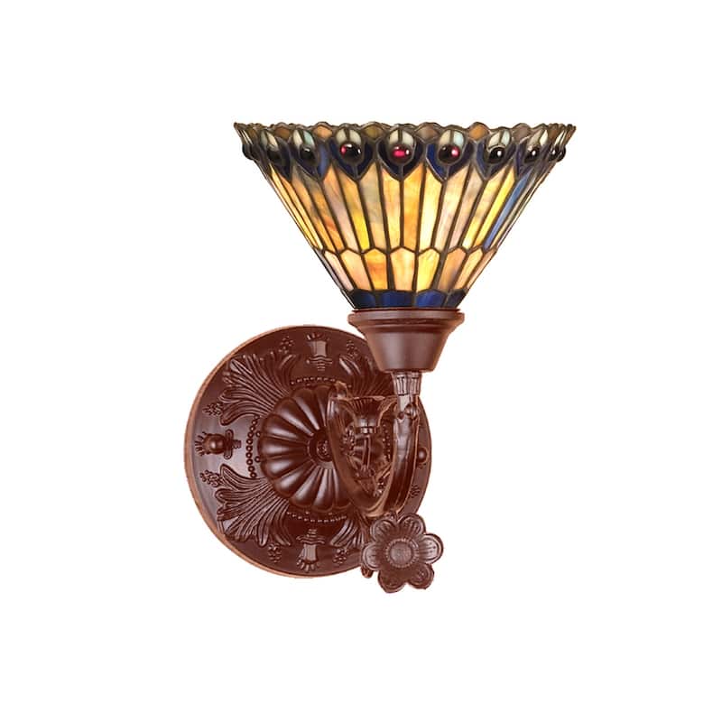 8"W Tiffany Jeweled Peacock Wall Sconce