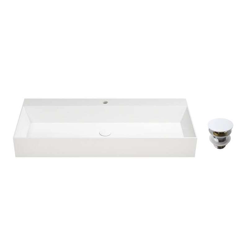 Solid Surface Wall-Mounted Rectangular Bathroom Sink with Pop-Up Drain, Modern Floating Wash Basin with Center Drain