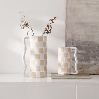 SAFAVIEH Home Anika White/Beige Ceramic Checkered Wavy Handle Vase Set of 2