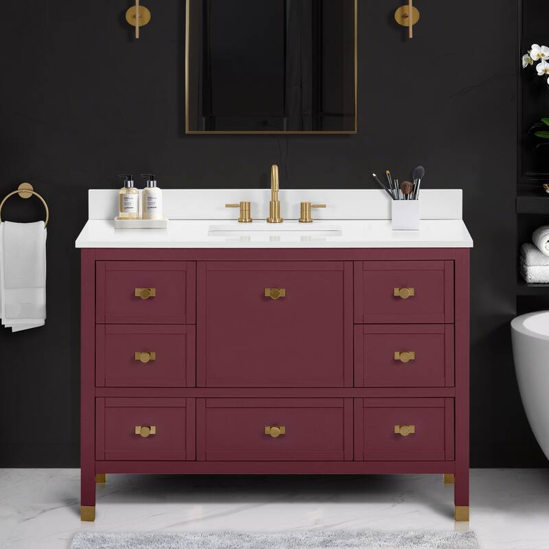 Alana Bathroom Vanity in Burgundy Red with White Engineered Stone Top - 49"W x 22"D x 35"H