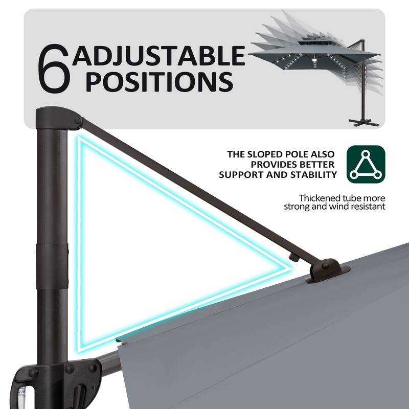 10 X 13 FT Outdoor Patio Cantilever Umbrella with Solar Lights Wheeled Base Double Canopy 360 Rotation Tilt