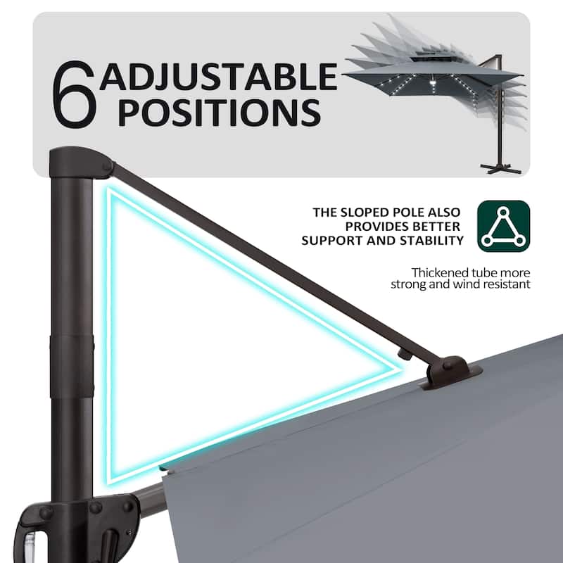 Pellebant 10x13 FT Outdoor Patio Double Top Cantilever Umbrella Solar LED Lighted with 4 Piece Square Offset Umbrella Base