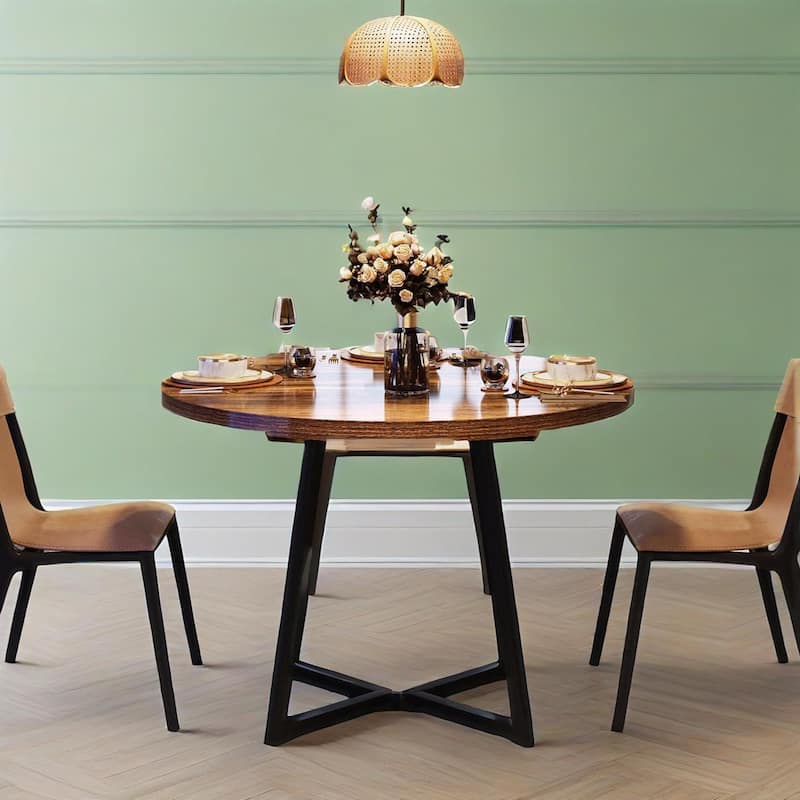 Vintage Brown Rustic Round Dining Table with MDF Top with Black Metal Frame Kitchen or Living Room - 31.49"L x 31.49"W x 29.52"H
