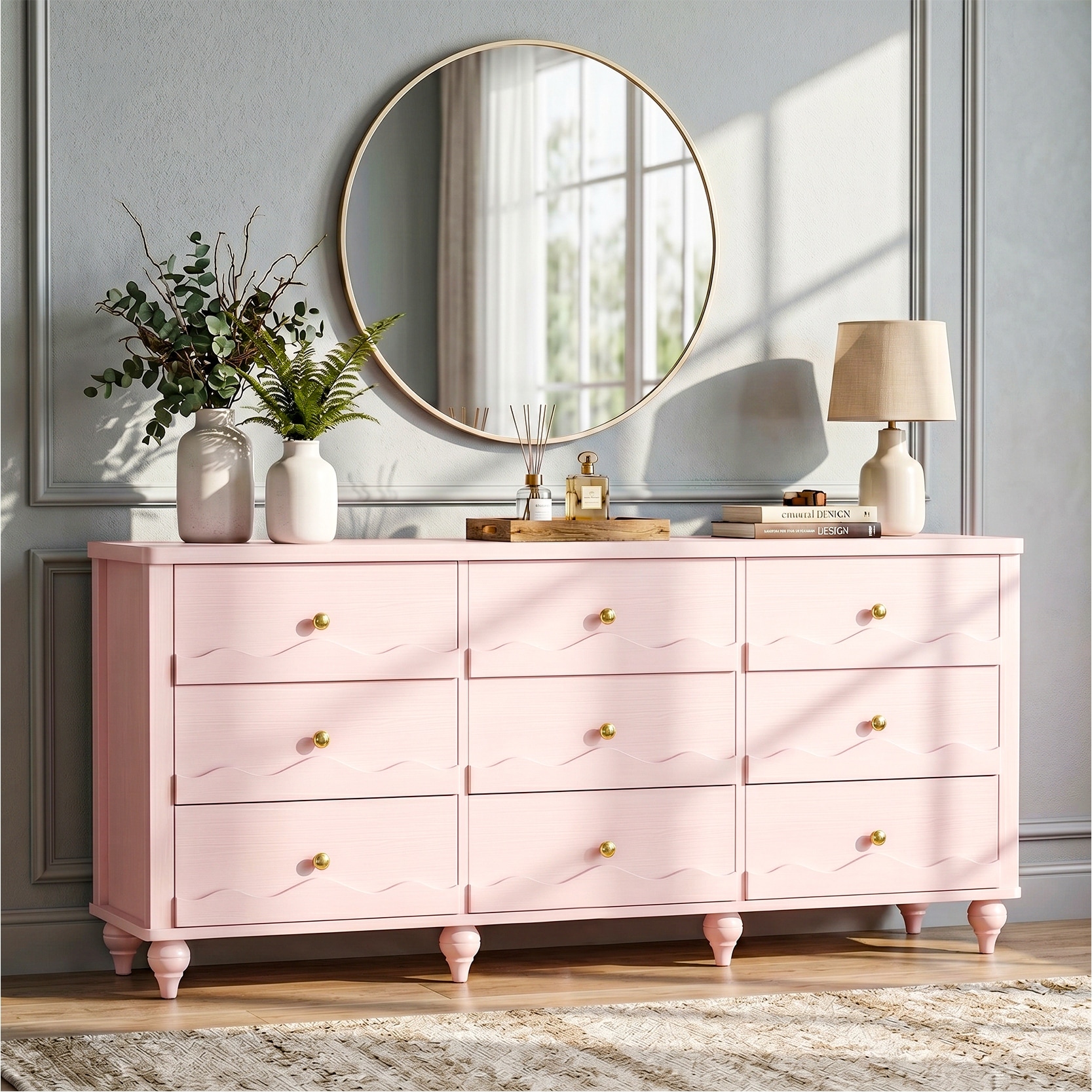 white dresser with rose gold knobs Narill Wave-Inspired 9-Drawer Closet Organizer, 63-In Chest of Drawers TV Stand pfseasonalfashion_w25