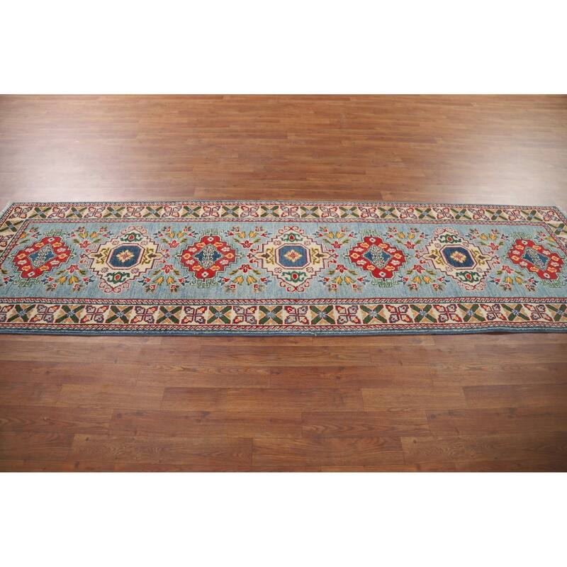 Light Blue Kazak Oriental Runner Rug Handmade Traditional Wool Carpet - 2'9" x 9'7"