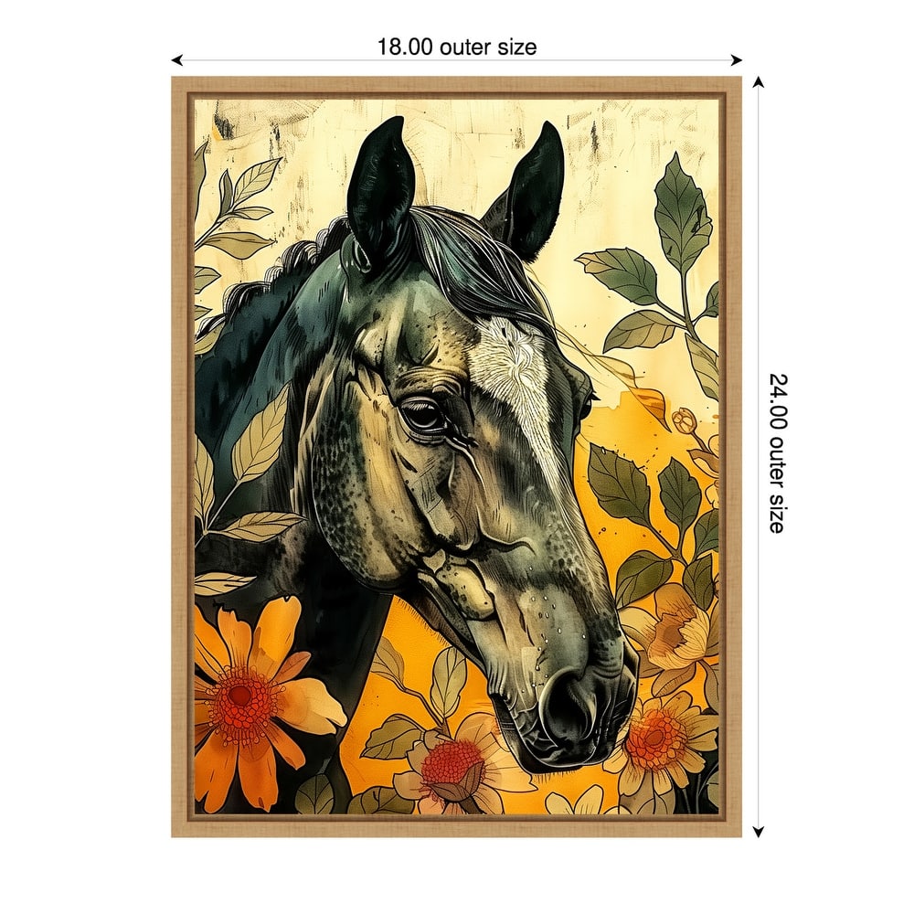 Dark Horse in Flowers by Justyna Jaszke Framed Canvas Wall Art