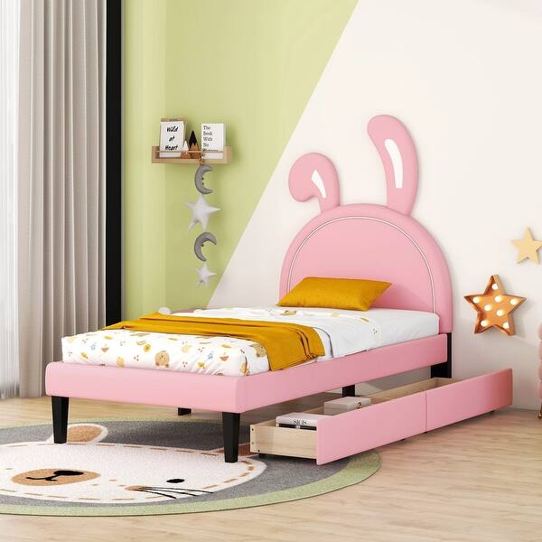 slide 2 of 10, Twin Pink Upholstered Leather Platform Bed with Rabbit Ornament Headboard & 2 Drawers Wooden Platform Bed for Girls, Pink Pink - Twin