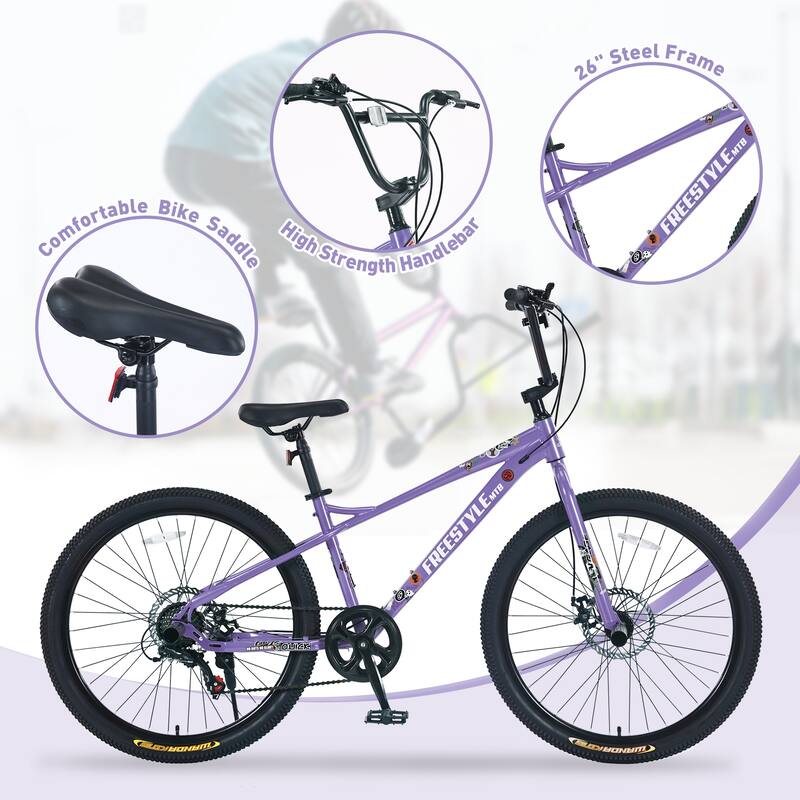 Freestyle Kids Mountain Bike, 26-inch, Shimano 7-Speed, Double Disc Brakes, Purple Bicycle for Boys & Girls 12+ Years
