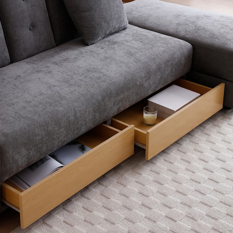 Convertible Sleeper Sofa Bed, Loveseat Couch with Storage Ottoman, Reversible Armrest Box & Drawer, Drop-Down Table, Cup Holders