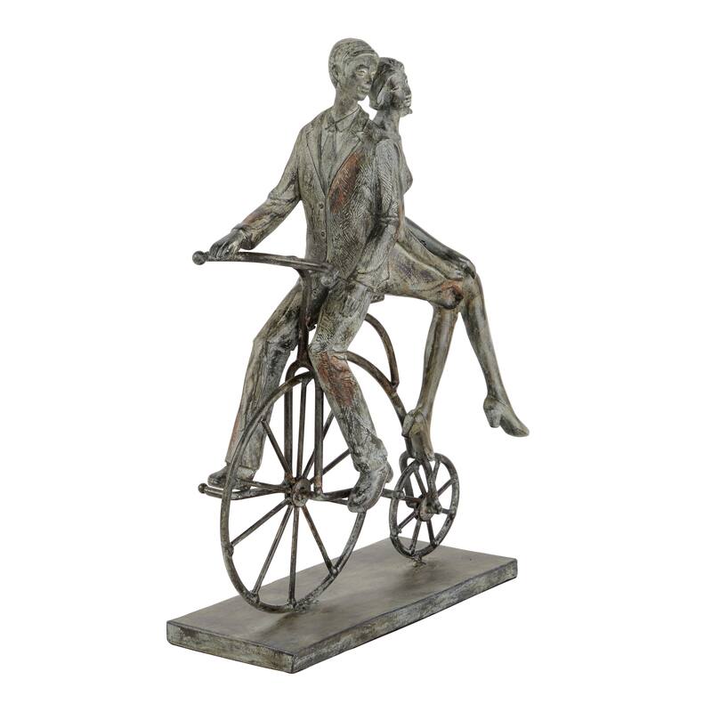 Gray Polystone People Sculpture with Bike - 9 x 5 x 13