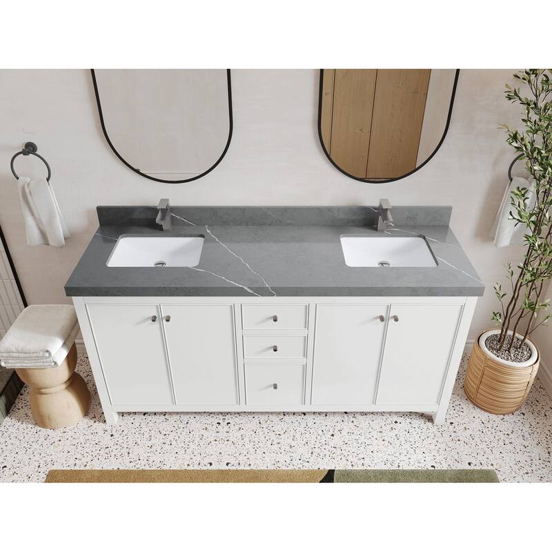 Willow Collections 72 in. W x 22 in. D Chicago Double Bowl Sink Bathroom Vanity with Countertop - 2” Piatra Gray - White