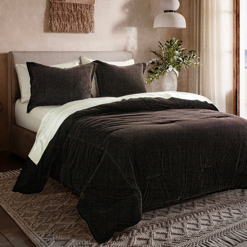 Indigo Hill by HiEnd Accents Estelle Velvet Solid Fluffy Bedding 3 Piece Comforter with Pillow Shams - Cocoa - King