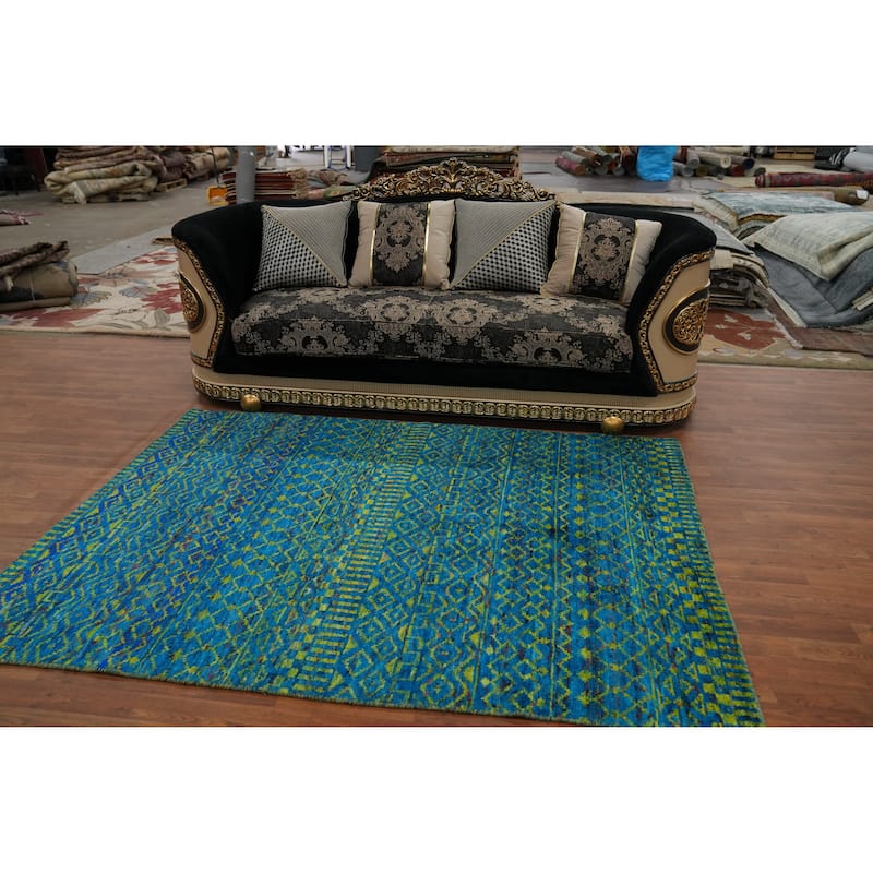 Hand-knotted Modern Wool Blue Geometric Oriental Area Rug - 7' 5'' X 5' 4''