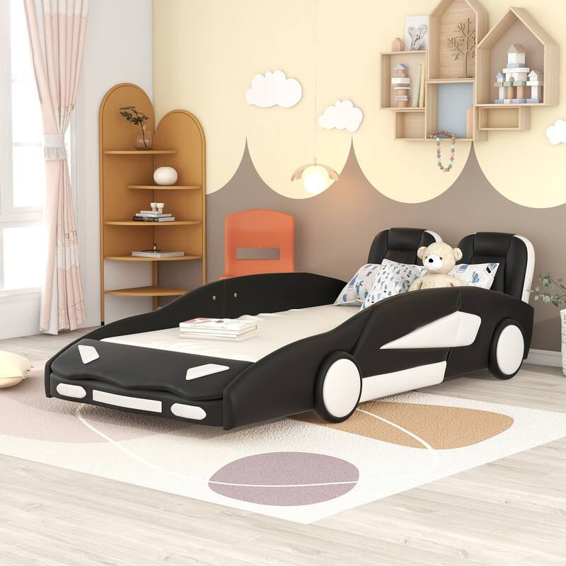 Twin PU Leather Race Car Bed with Guardrail & Car Seat Headboard