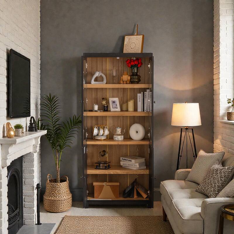 74.5'' Ash Wood Grain Display Cabinet with Glass Doors, Adjustable Shelves & Mid-Century Modern Bookcase for Living Room