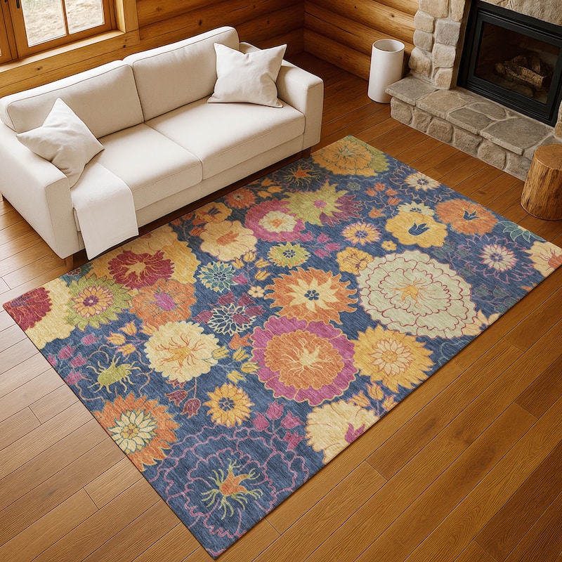 Machine Washable Indoor/ Outdoor Modern Floral Chantille Rug