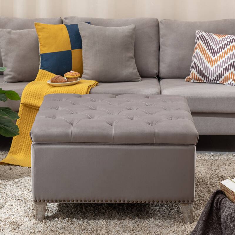 29.5" Wide Velvet Tufted Square Ottoman With Storage - Gray