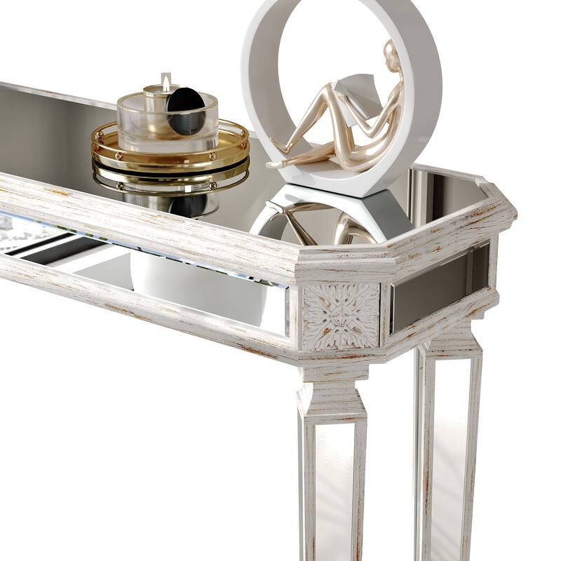 Roomfitters 48" Mirrored Console Table, Carved Wood Entryway Sofa Table with Silver Glass & Oak Finish