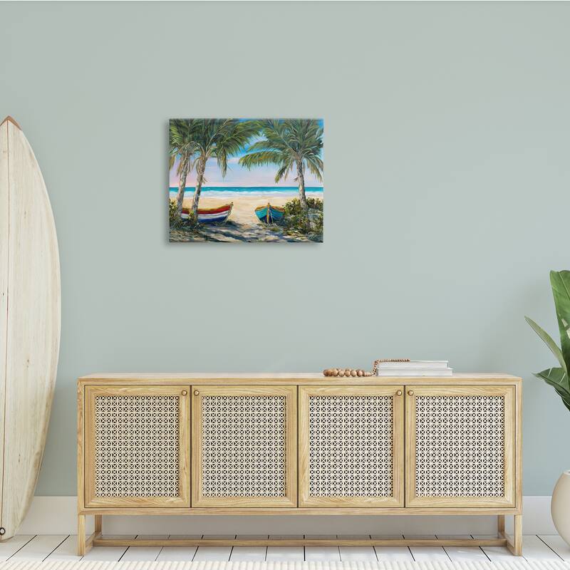 Stupell Row Boats on Beach Shore Tropical Palm Trees Canvas Wall Art - Green