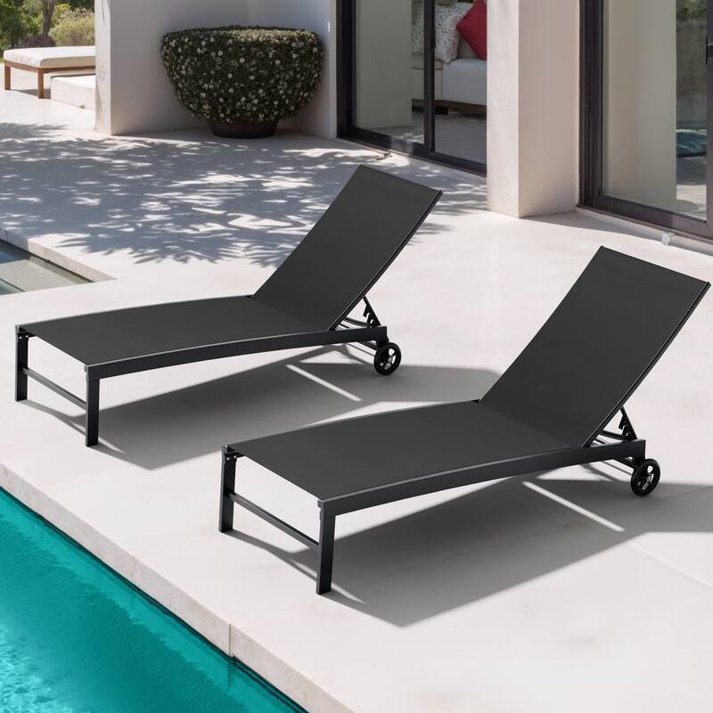 Outdoor Patio Aluminum 5-Position Adjustable Chaise lounge Chairs with Wheels - Black-2PC