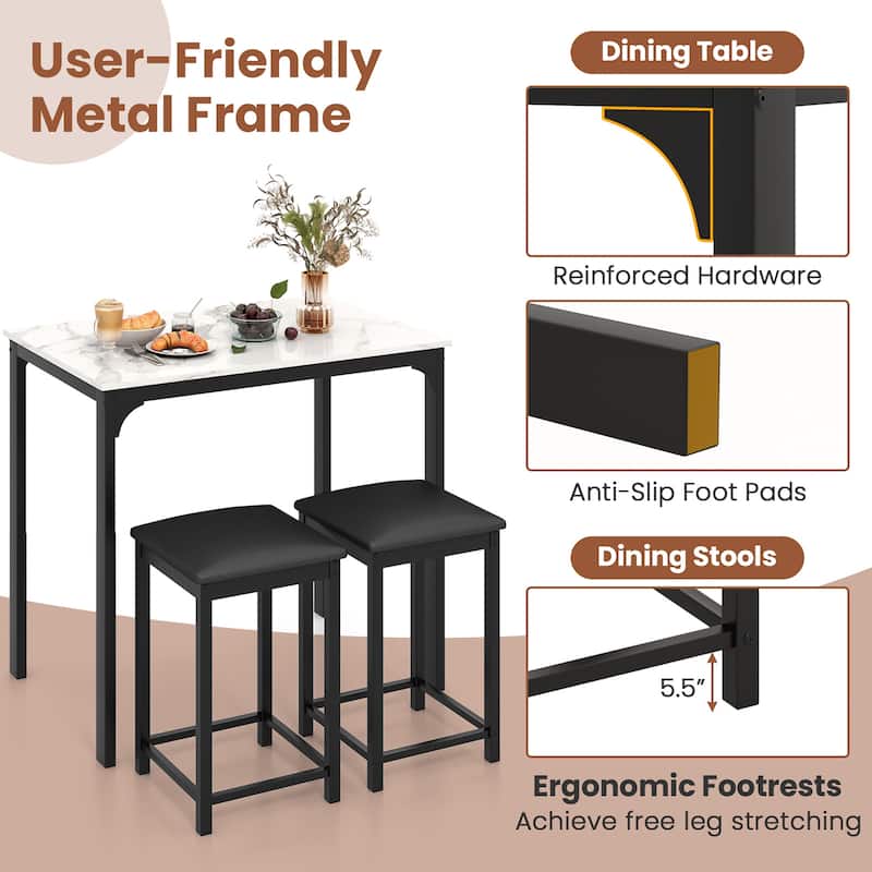 Gymax 3 PCS Counter Height Dining Set Faux Marble Table & 2 Chairs