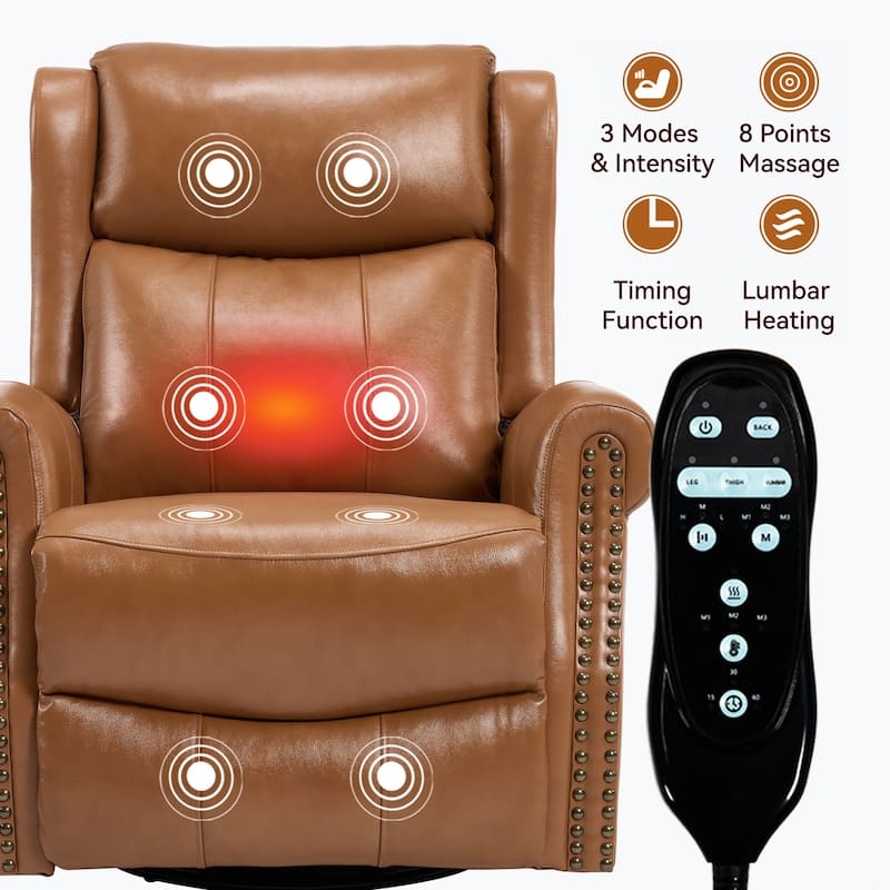 360° Swivel Rocking Recliner with Heat & Massage, Genuine Leather