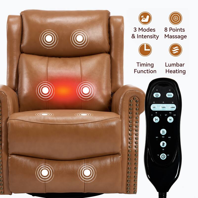 Manual Recliner Chair with Heat & Massage, Genuine Leather Swivel Recliner Chair, Lounge Sofa Chair with Side Pockets