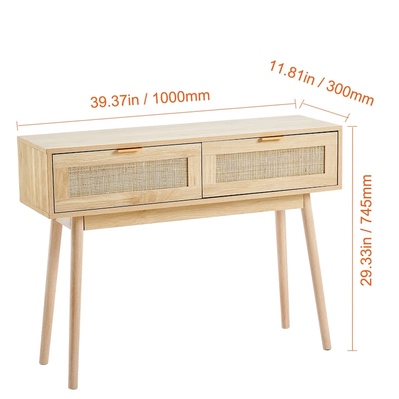 Rattan Console Table with 2 Storage Drawers, Rattan Entryway Table with Natural Rattan Sliding Door, Console Sofa Table