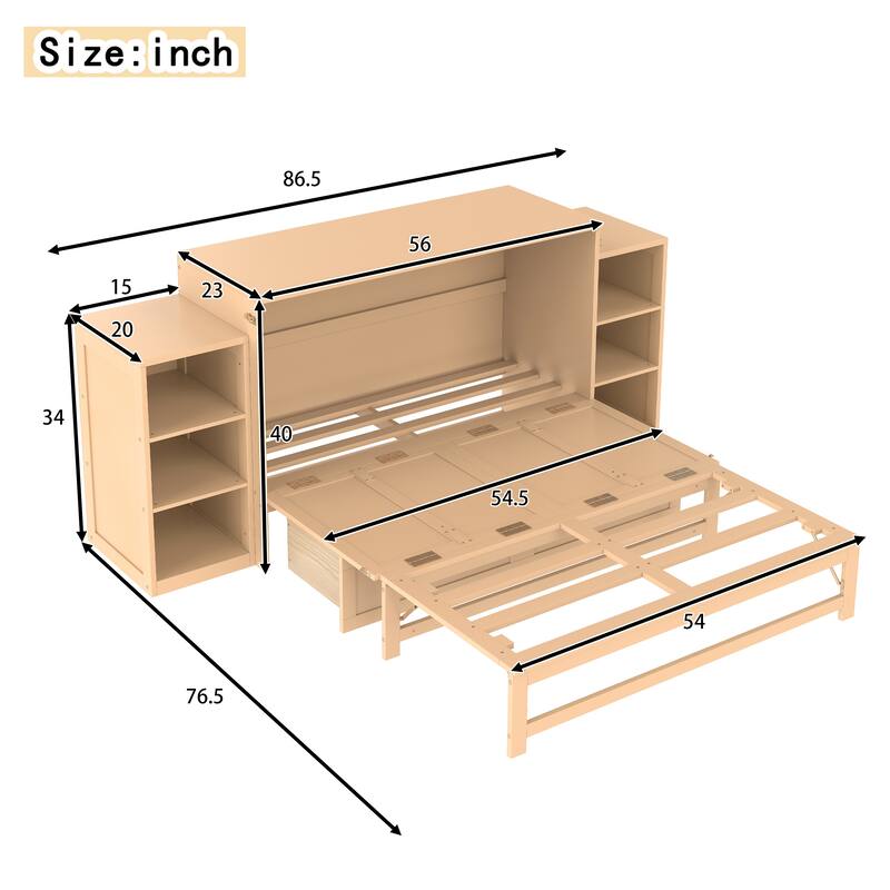 Full/Queen Size Murphy Bed with Storage Drawers and Shelves, Space-Saving Foldable Wall Bed for Guest Room