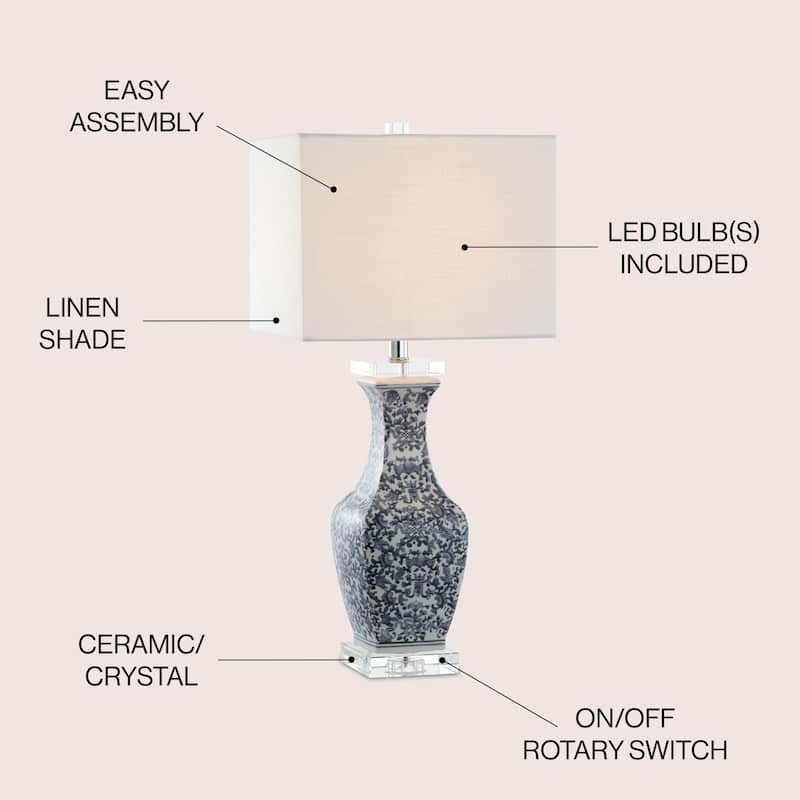 Mercer 28" Ceramic/Crystal LED Table Lamp, Blue/White by JONATHAN Y
