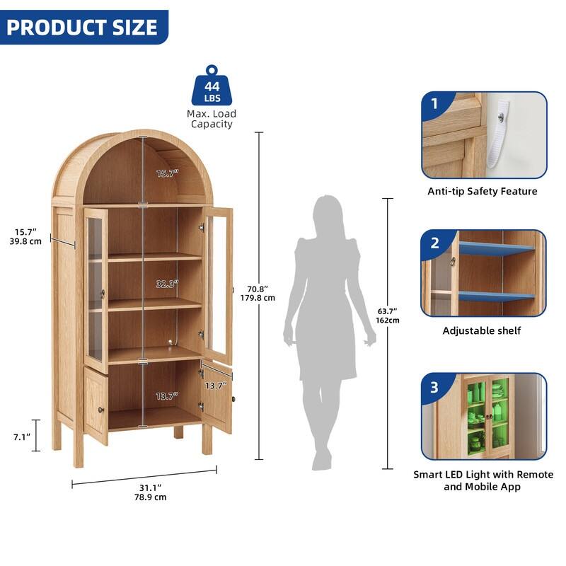 Modern 71" Tall Arched Kitchen Pantry Cabinet with LED Light,Bookcase Cabinet with Storage and Glass Doors