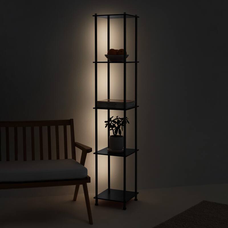 Brightech Aria 63 in. Classic Black Mid-Century Modern 4-Light 3-Way Dimming LED Shelf Floor Lamp with Built-In Wireless Charger