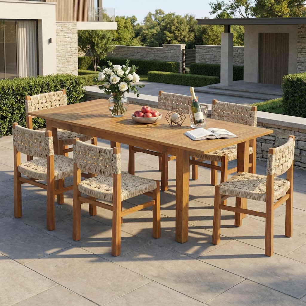 Christopher Knight Home - Boho 7-Piece Rectangular Acacia Wood Outdoor Dining Table Set with Rope-Woven Chairs & Umbrella Hole