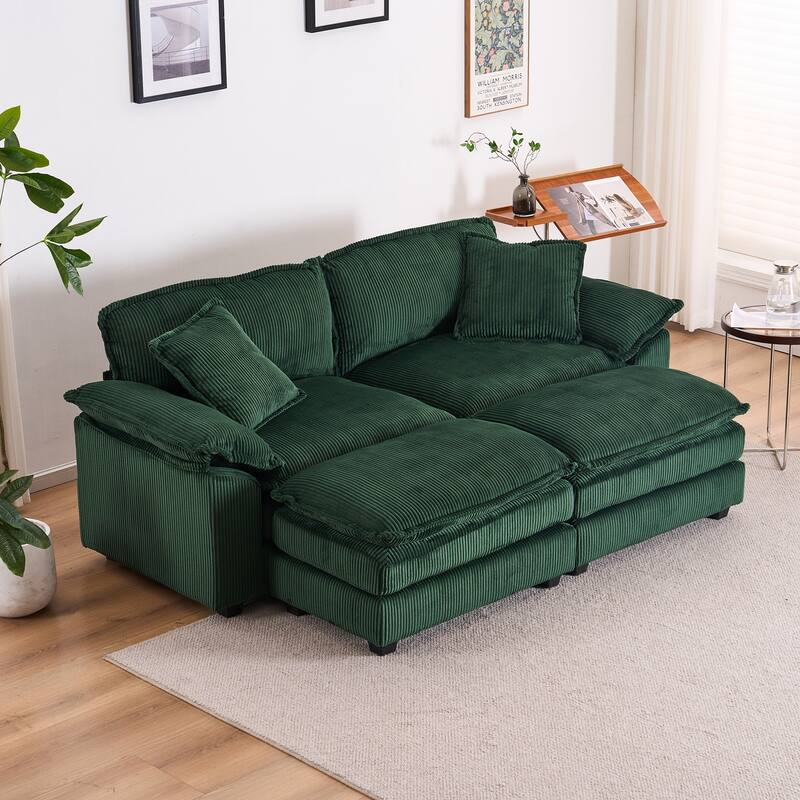 84.6" Corduroy 2-seats sofa With 2 back pillows,2 toss pillows and two ottoman