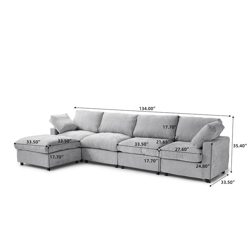 Minimalist Upholstered Cushion Sofa 4-Seater Chenille Modular Sectional Couch with Ottoman