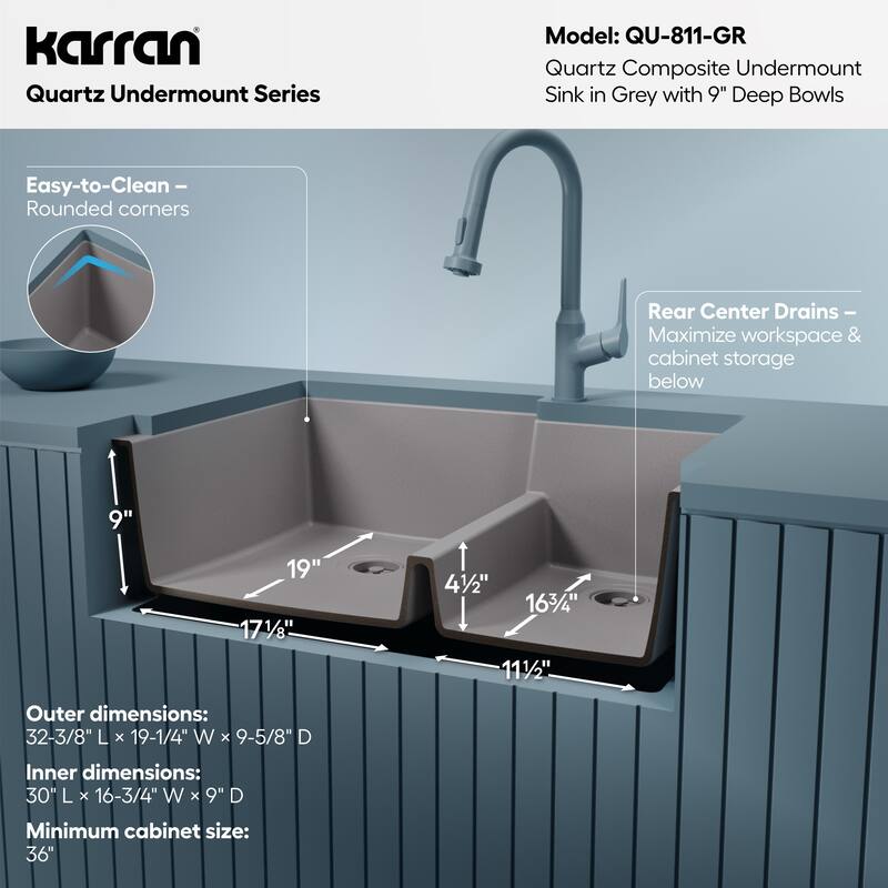 Karran Undermount Large/Small Bowl Quartz Kitchen Sink - 32" x 21.25" x 9" - 32" x 21.25" x 9"