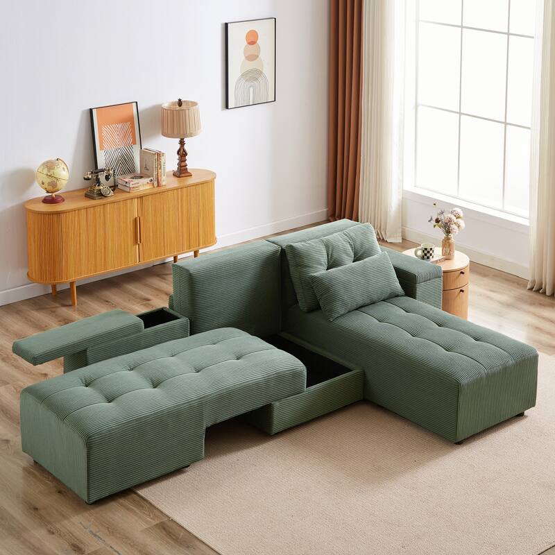 Convertible Storage Sofa with Corduroy Fabric & Adjustable Modular Design - Sleeper Sofa