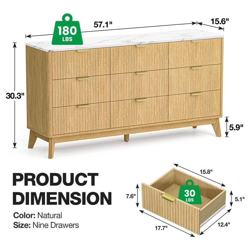 57" Wooden Buffet Cabinet With Faux Marble Top & Fluted Chest Of Drawers With Curved Edges