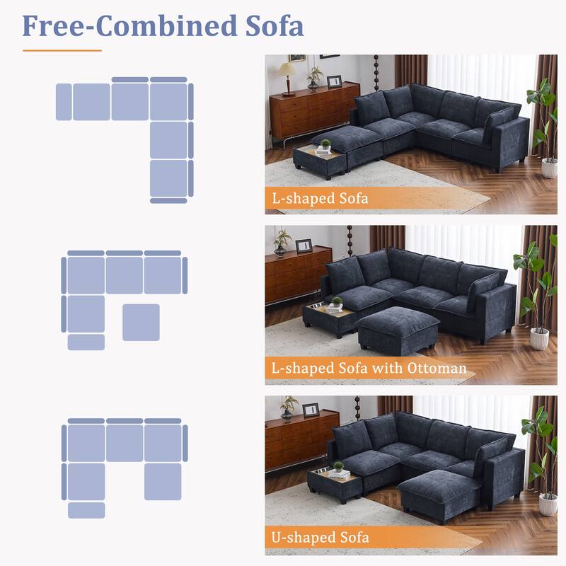 U-Shaped Sectional Sofa with Ottoman, Coffee Table with Hidden Charging Devices, Oversized Chenille Upholstered Cloud Sofa