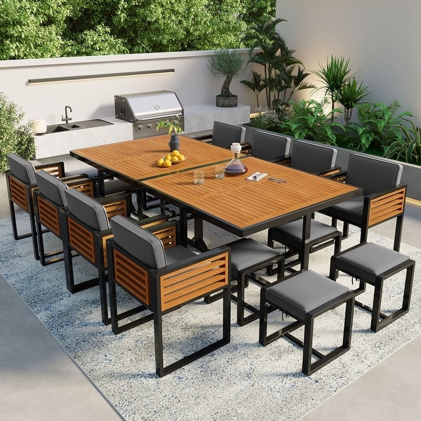 9-Piece Acacia Wood Outdoor Dining Set with Cushions and Square Table