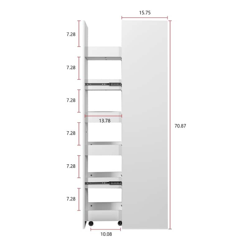 White Wooden Kitchen Rolling Storage Cabinet Pantry Shelf with Handle and Wheels