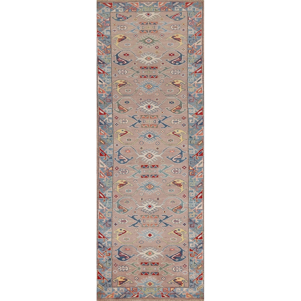 Geometric Kazak Oriental Runner Rug Handmade Red Wool Carpet - 2'7" x 9'7"