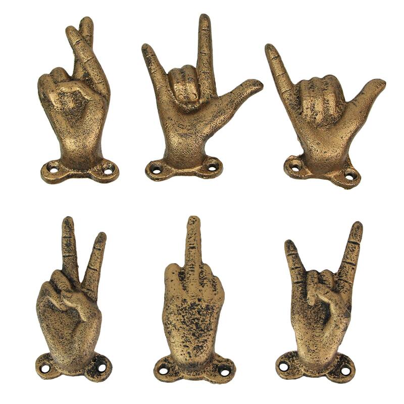 Set Of 6 Cast Iron Hand Gesture Hooks Vintage Finish Hangers - 4.25 X 3.25 X 2 inches - Orange