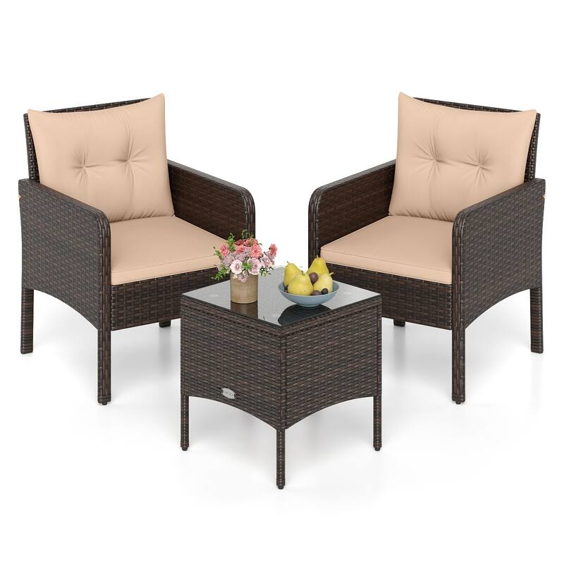 Gymax 3 PCS Patio PE Wicker Furniture Set w/Cushions & Tempered Glass