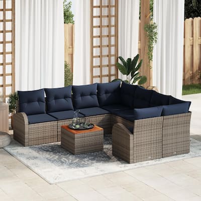vidaXL 9 Garden Sofa Set with Cushions Black/Grey Poly Rattan - 92.1 x 92.1 x 27.2
