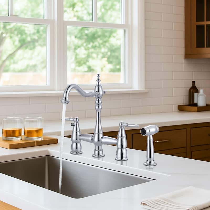 WOWOW 4 Hole Double Handle Bridge Kitchen Faucet with Side Sprayer