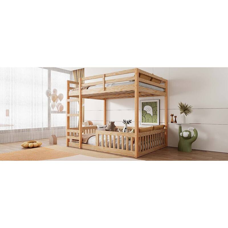 Roomfitters Full Over Full Wood Bunk Bed with Ladder and Guardrails, Solid Pine