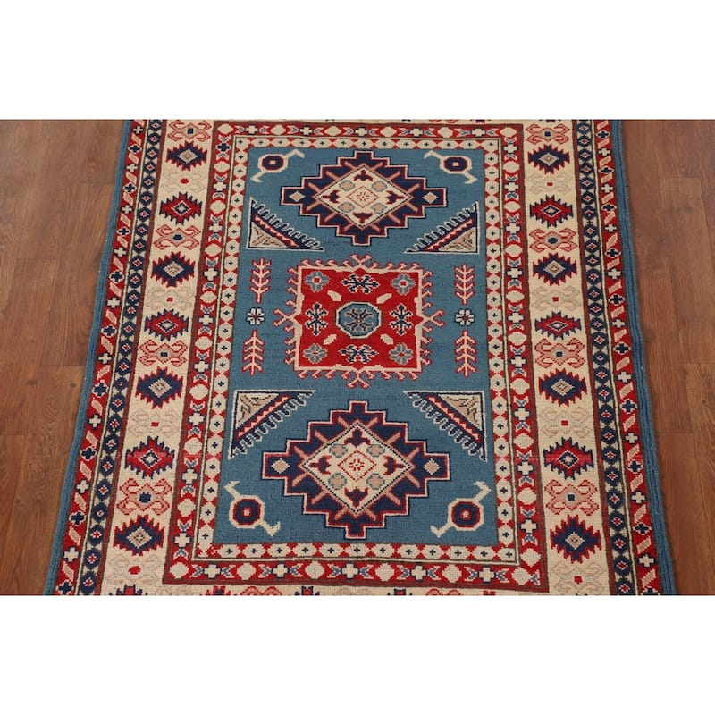 Blue Geometric Kazak Oriental Accent Rug Hand-Knotted Wool Carpet - 3'6"x 4'6"