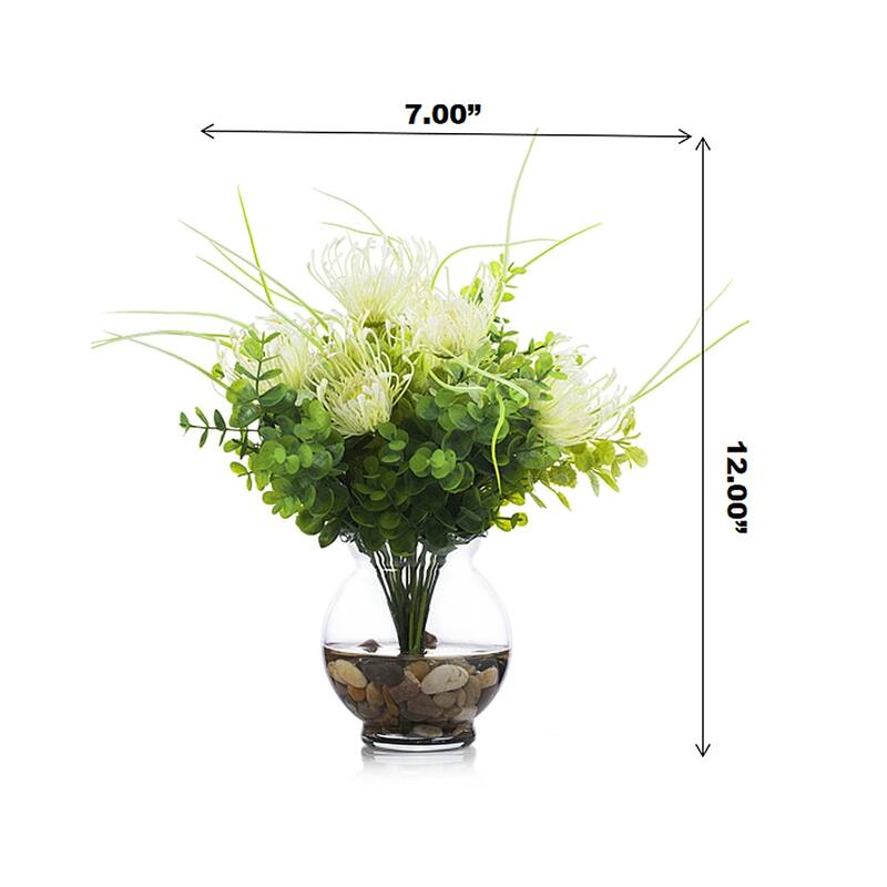 Enova Home Artificial Fake Peony Silk Flowers and Eucalyptus Grasses Arrangement in Clear Glass Vase with Faux Water for Decor